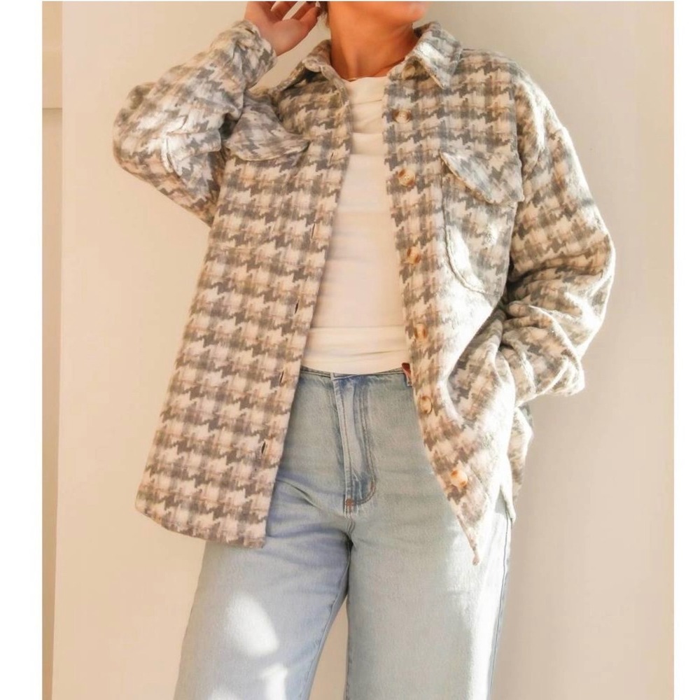 SADIE & SAGE Lesley‎ Houndstooth Shacket Gray Cream Size Large